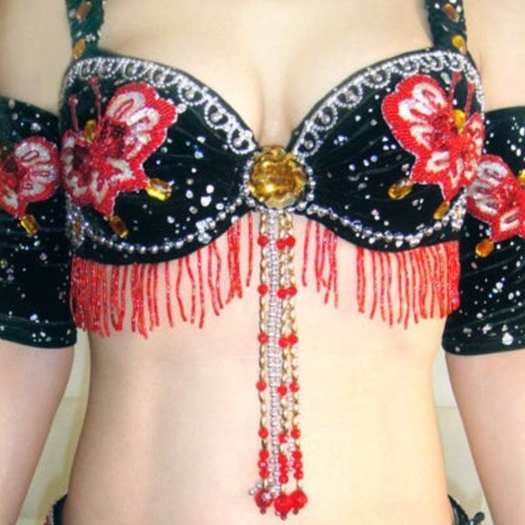 Ameynra BellyDance Costume Black-Red Full Set Sz S - Picture 3 of 4